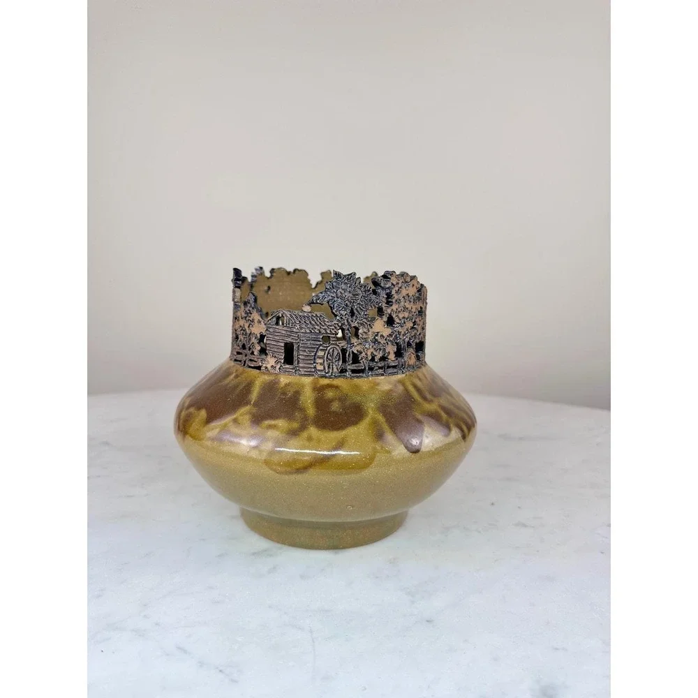 Rodney Leftwich Folk Art Pottery‎ Vase Asheville NC Brown Green 1995 Cutout Rim
